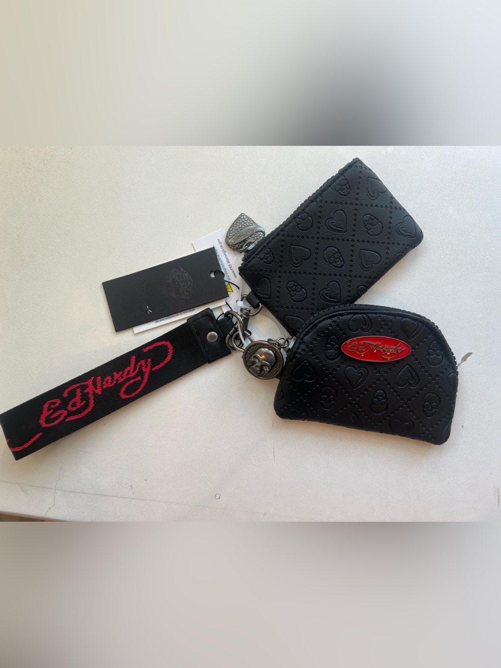 Ed Hardy Black Wristlet Keychain Coin/Card Pouch with Red Logo Strap